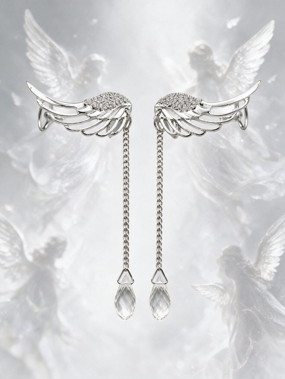 Angel Wings Stud Drop Earrings with Dangle Chains